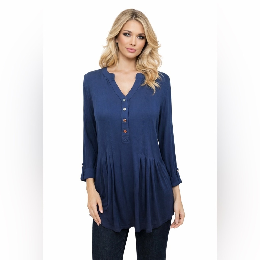 🔥🔥Wonderly Top Womens L Popover Navy Blue3/4 Sleeve Pleated V Neck Stretch NWT
